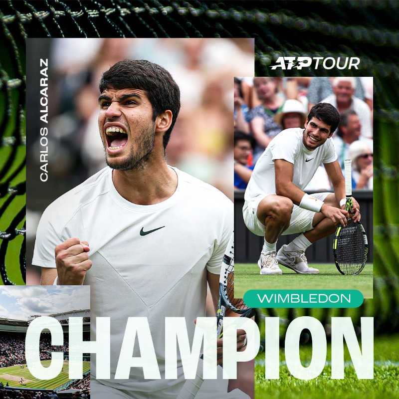 ATPTour_ES's tweet photo. H I S T Ó R I C O 💚 C A R L I T O S

🇪🇸 @carlosalcaraz conquista su segundo Grand Slam en #Wimbledon.

💪 Supera a Djokovic en la final por 1-6, 7-6(6), 6-1, 3-6, 6-4.