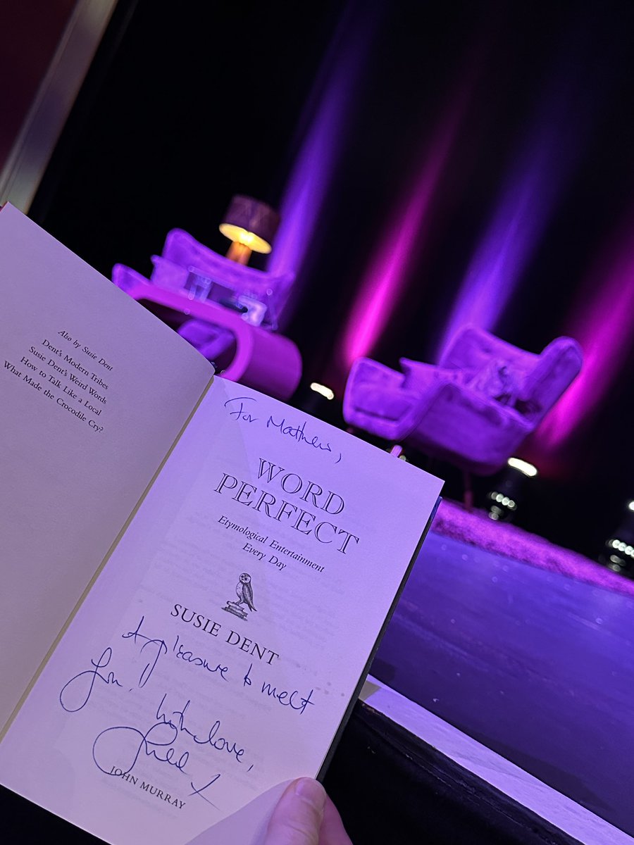 mrserioushead's tweet photo. @DrMJWD and I loved @SomethingRhymes in @BristolOldVic with @susie_dent &amp; @GylesB1. My cheeks were sore from laughing and smiling. Great front row seats. #theatre #podcast #lexicography #etimology https://t.co/g9k2WlKFKC