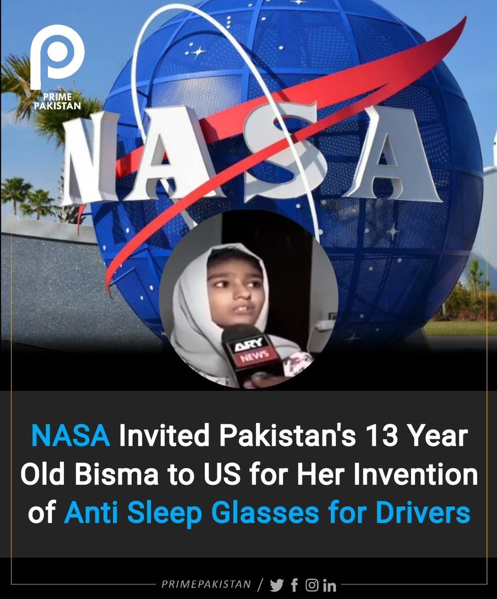 PrimePakistanMD's tweet photo. NASA has recognized the impressive achievements of 13-year-old Bisma Salangi from Karachi, who attends Evergreen Secondary School. 
#NASA #driverglasses #antisleep #invention #PrimePakistan #PrimePakistanMedia https://t.co/FBI4xDtHdp