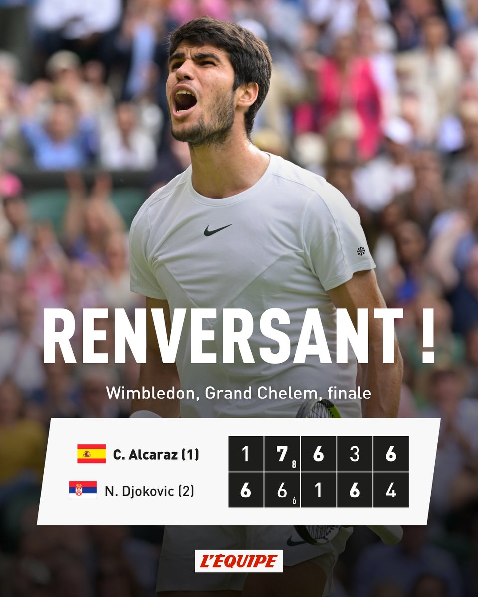 Carlos Alcaraz décroche son premier titre à Wimbledon au terme d'une grande finale face à Novak Djokovic ! ow.ly/fX9050PcoE2 #Wimbledon