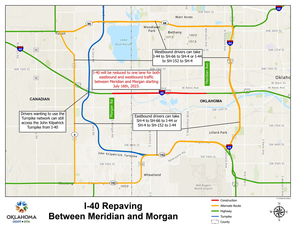 OKDOT's tweet photo. 🚧 OKC REMINDER 🚧
East and westbound I-40 will be narrowed between Meridian Ave. and Morgan Rd. beginning Sunday, July 16, through November.

Drivers should be aware, I-40 will be narrowed nightly Sunday through Friday and for several weekends

See more: https://t.co/Knju6UG6l5 https://t.co/weWjkXmURW