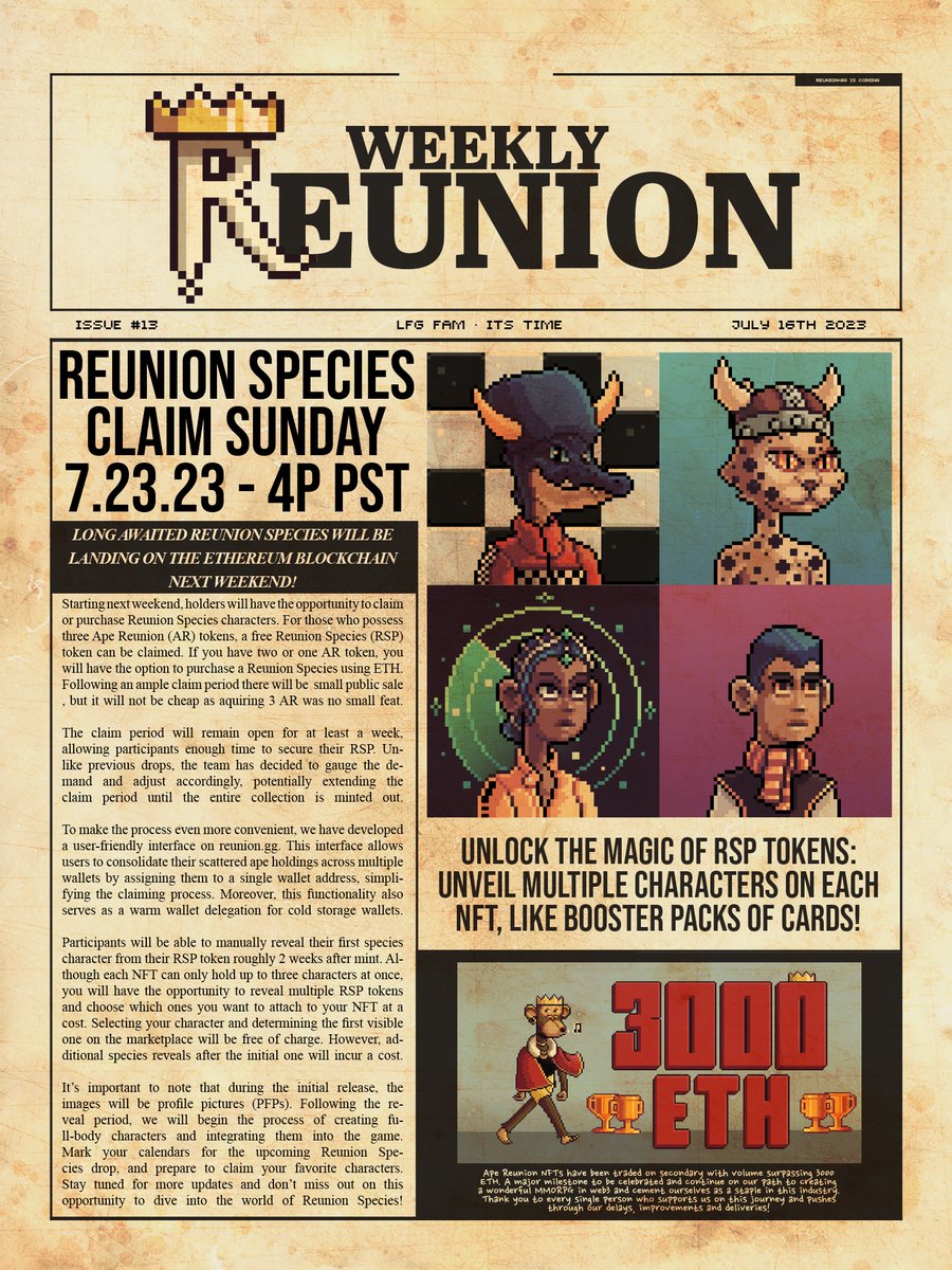 🗞️ Extra Extra, Read all about it! 13th special edition of  #ReunionWeekly is out  📰👏 Reunion Species claim starts next weekend &amp; 3000 ETH surpassed.