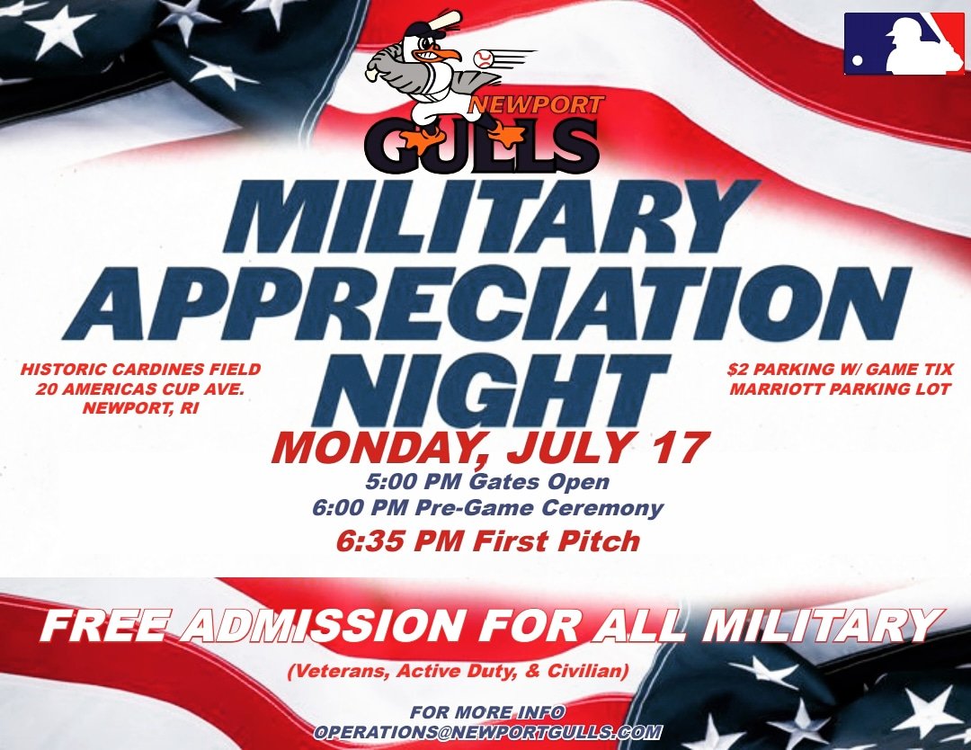 NAVSTANEWPORTRI's tweet image. Newport Gulls Military Appreciation Night is tomorrow. The pre-game ceremony and veteran appreciation begins at 6 p.m. Free admission for all military, veterans, and military family members. 

#newportri #necbl #militaryappreciation #tradition #baseball #military #veterans