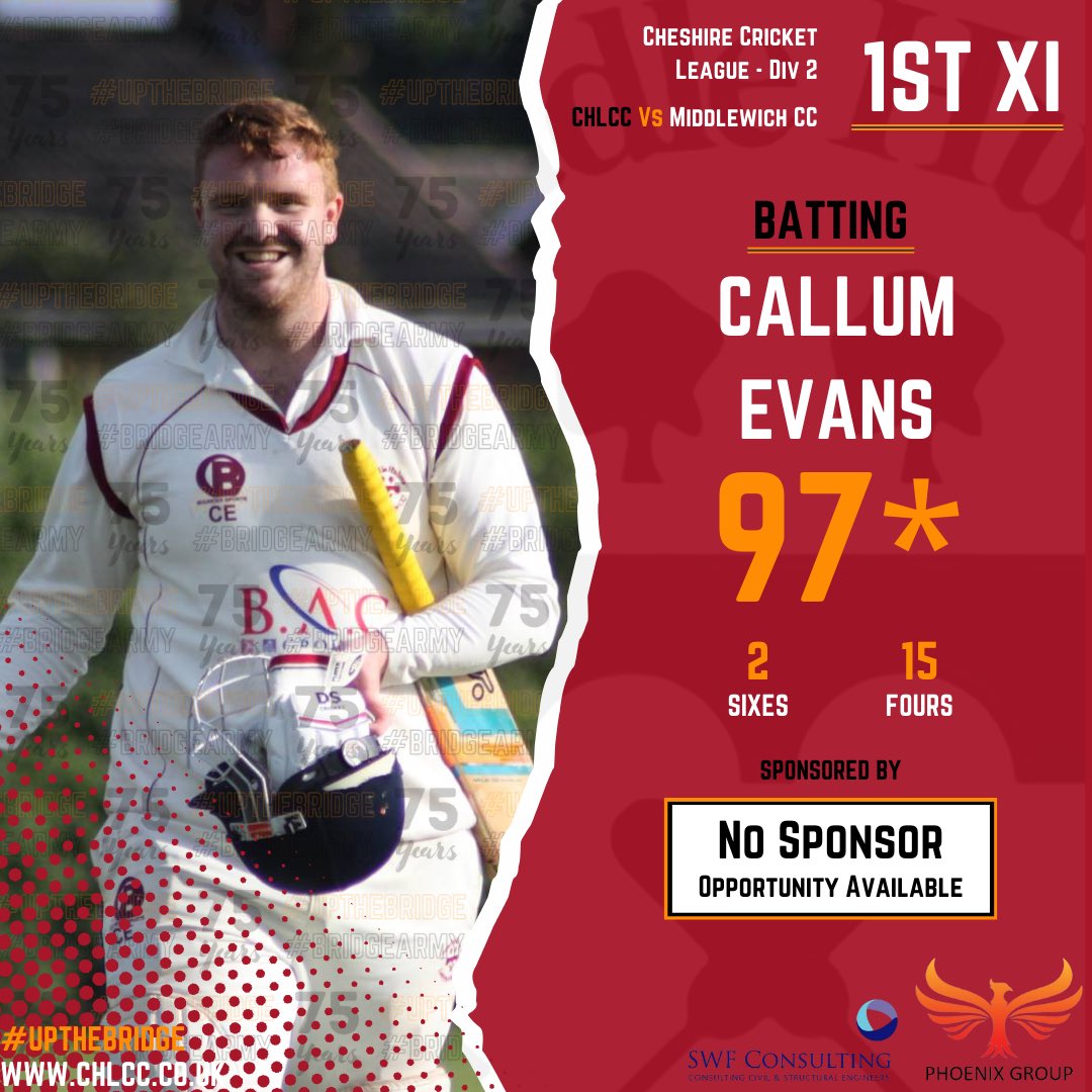 CHLadybridge's tweet photo. 🏏 MATCH RESULT - WEEK 13🏏

1’s win on DLS Vs @MiddlewichCC 

2’s lose Vs @WoodfordCC 

3’s match abandoned Vs @SaleCricketClub

Top performer this week goes to the ginger fox himself, hitting his first senior 50 for the club. Batted @CalEvans98 🦊👏

#upthebridge #bridgearmy https://t.co/xBUaQKDhVS