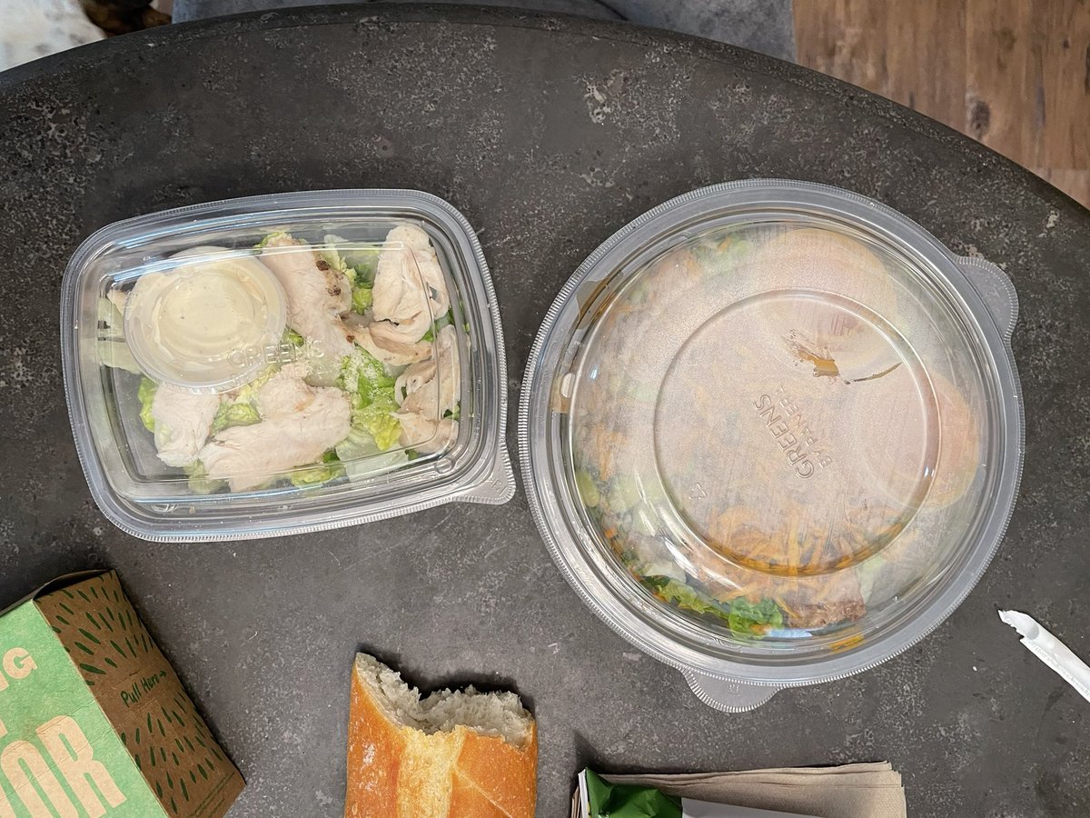 wadekoehler's tweet photo. Hey @panerabread THIS is a full chicken ceasar salad now? Side by side with wife’s Asian crunch salad. I paid $13 for a small side salad at your Bloomington Il store. #pathetic #ripoff https://t.co/270NzVKwEH