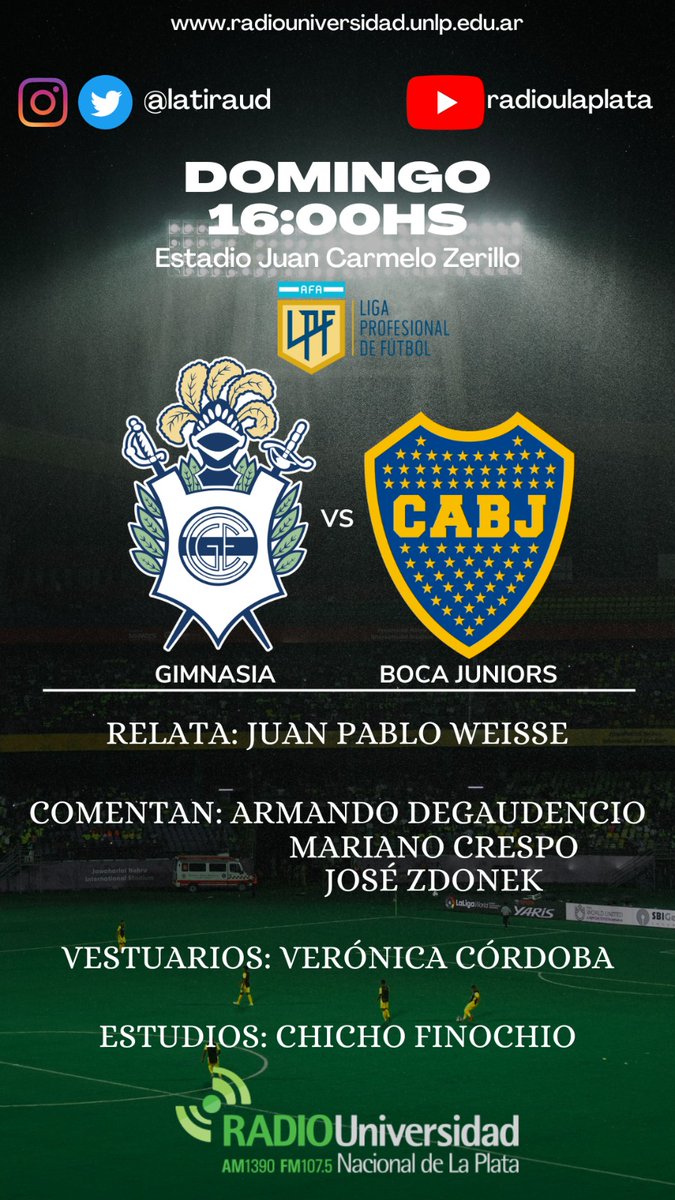 #SentimosElFutbol ⚽️
⏰ 16.00hs

#GELP 🆚 #Boca 

🎙Relata: <a href="/JWeisse/">Juan Pablo Weisse</a>
 🗣Comentan: Armando #Degaudencio <a href="/MarianoCres/">Mariano Crespo</a> <a href="/JoseZdonek/">José Manuel Zdonek</a>

 Junto a <a href="/VeritoCordoba2/">VeroCordoba</a> <a href="/lucasfinochio/">Chicho Finochio</a>  y equipo
 
📻 <a href="/radioulaplata/">Radio UNLP</a>
📱 youtube.com/live/PTEmipBAJ…
🌐radiouniversidad.unlp.edu.ar