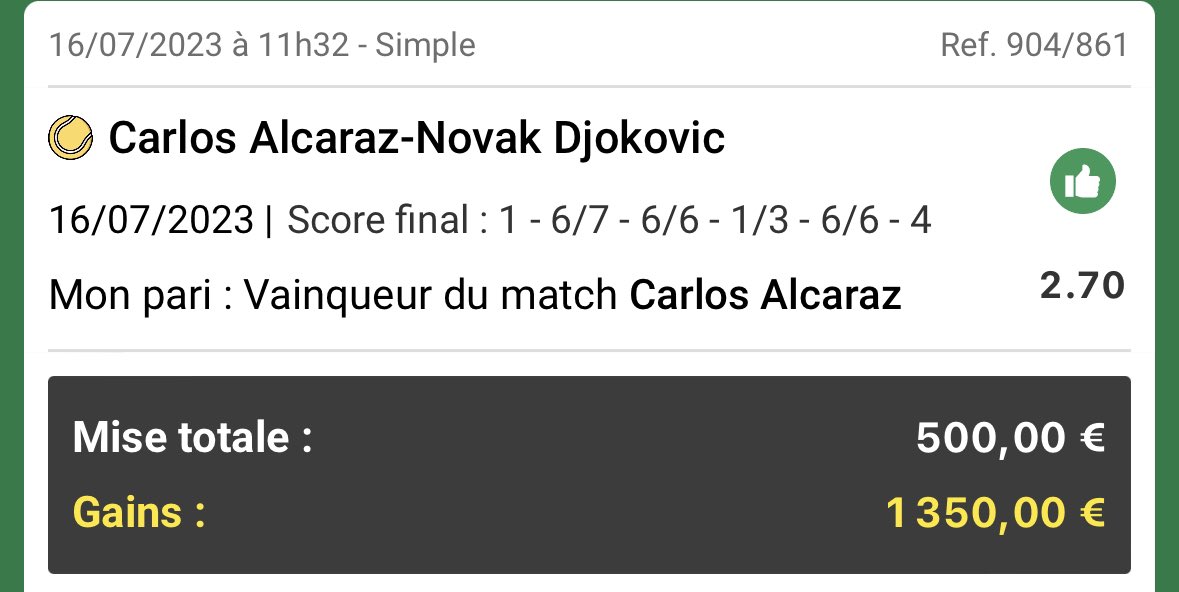 Une passation de pouvoir 👑

Pour cette grande occasion je fais gagner 50€ de mes gains parmi les RT 🤝

Alcaraz 2.70 ✅✅✅

RT &amp; ❤️ pour participer

#Wimbledon #TeamParieur