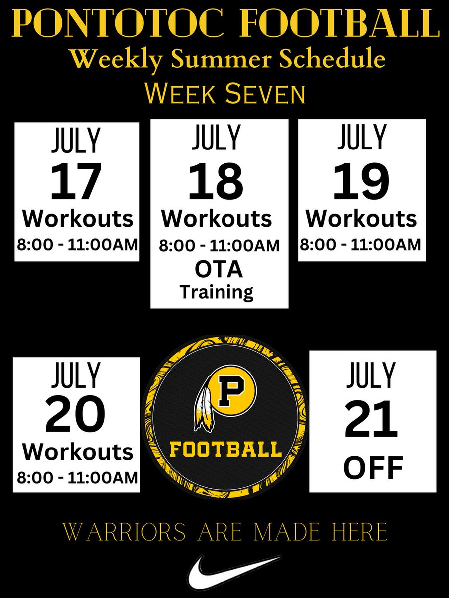 PontotocFTBL's tweet photo. Summer Week 7
#FridayNightFast
#KeepThePace
#WarriorsAreMadeHere
#WarriorPride https://t.co/yAxgANAnz3