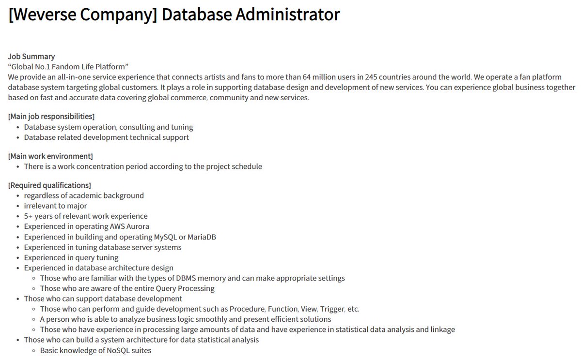 BTSARMYJobBoard's tweet photo. .@weverseofficial has opportunity for Database Administrator π€
Practice wisdom while applying. π
https://t.co/dWpHInWX1a
#BAJBSouthKorea #BAJBInfoTech
*Rough translation via google translate. https://t.co/de1noldJm6