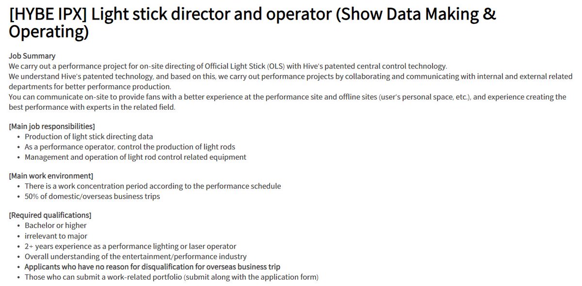 BTSARMYJobBoard's tweet photo. Hi ARMYs! 😄 Here's an opportunity at @HYBEOFFICIALtwt  for Light stick director and operator (Show Data Making &amp; Operating)

Practice wisdom while applying. 💜

https://t.co/fdtPjOatL4

#BAJBSouthKorea #BAJBDesign

*Rough translation via google translate. https://t.co/qc36UZvUlX