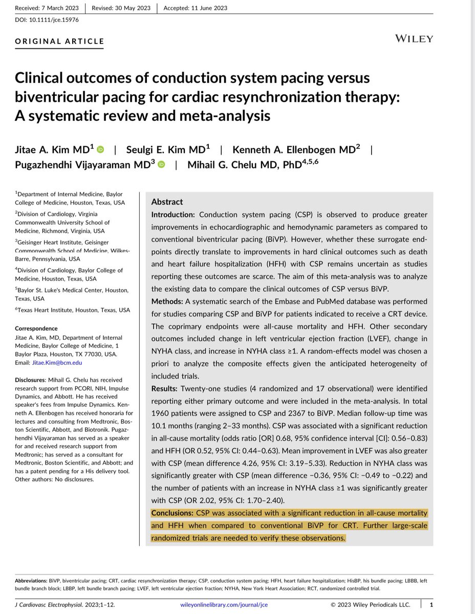 my 🤔💭: 
APAA (As Physiological As Achievable) Principle for Pacing 

New meta-analysis:
♦️CSP ⤵️⤵️ all mortality and HFH 
Kim and colleagues 
DOI: 10.1111/jce.15976 

<a href="/JCardioEP/">Journal of Cardiovascular Electrophysiology</a> <a href="/DrBradleyKnight/">Bradley Knight</a> 

<a href="/MdHuang/">Weijian Huang</a> 
<a href="/KennethEllenbo1/">Kenneth Ellenbogen</a> <a href="/DrRoderickTung/">Roderick Tung</a> <a href="/DrGregMichaud/">Gregory Michaud</a> <a href="/DoctorPhillEP/">Phillip Cuculich, MD</a>