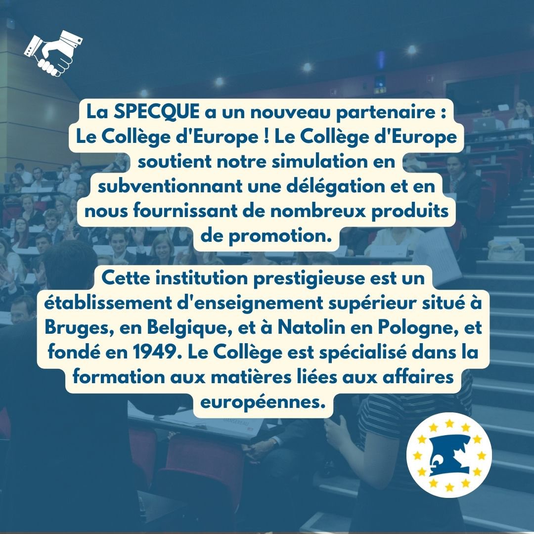 laSPECQUE's tweet photo. [PARTENARIAT]
📣Nouveau partenaire : Le Collège d'Europe ! Il soutient notre simulation en subventionnant une délégation et en nous fournissant de nombreux produits de promotion.
#specque #specque2023 #partenaire #quebec #europe #simulation #parlementeuropeen https://t.co/fqSUkDpqZ5
