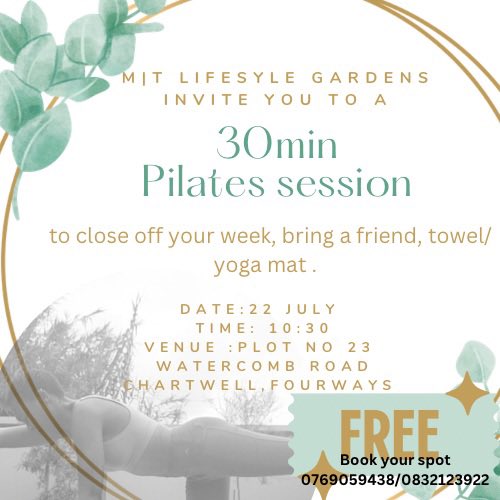 mateeKhoza's tweet photo. Free Pilates session in fourways, 22July #pilates #mindbody #fourways https://t.co/6KTQCT2X3z