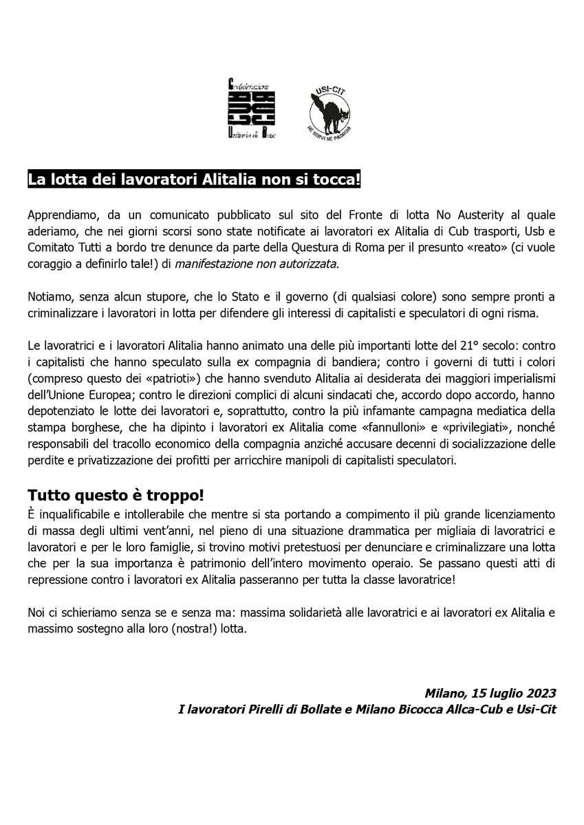 dibo139's tweet photo. Oltre alla solidarietà come operai Pirelli, voglio ribadire con forza tutta la mia vicinanza e il mio sostegno: ben ricordiamo quanto sia stata importante la solidarietà di classe coi lavoratori #Alitalia. 
Per questo non finirò mai di ringraziare il Fronte di Lotta No Austerity https://t.co/D5LuTZflwt