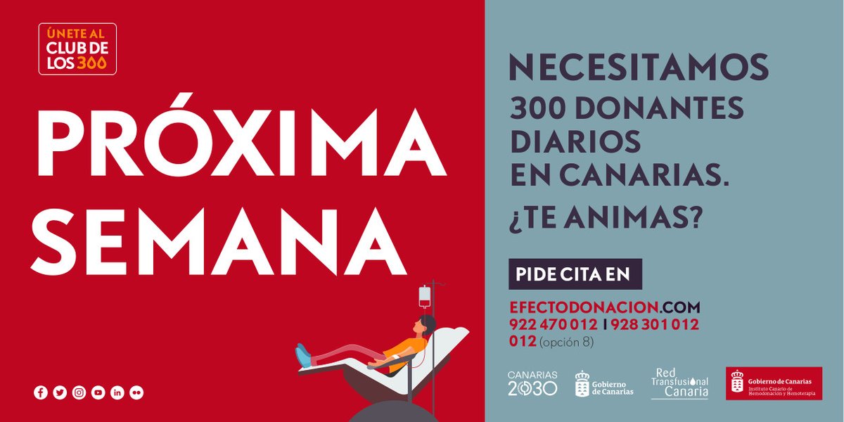 #DonaSangreenVerano

La próxima semana podrás donar sangre en #ElHierro #GranCanaria #Tenerife #Lanzarote y #Fuerteventura y en los puntos fijos en todas las islas 

📲 Infórmate aquí: bit.ly/3pOplmA