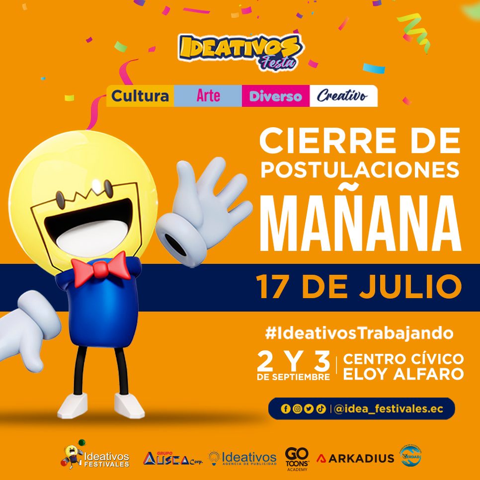 #ATENCIÓN📣
¡Última oportunidad! Este 17 de julio cierran las postulaciones para las diferentes actividades de #IdeativosFesta. 
No te pierdas esta experiencia cultural y artística única.🥳 #IdeativosFesta #Cultura #Arte #IdeativosContigo #teamideativos #Guayaquil #Ecuador