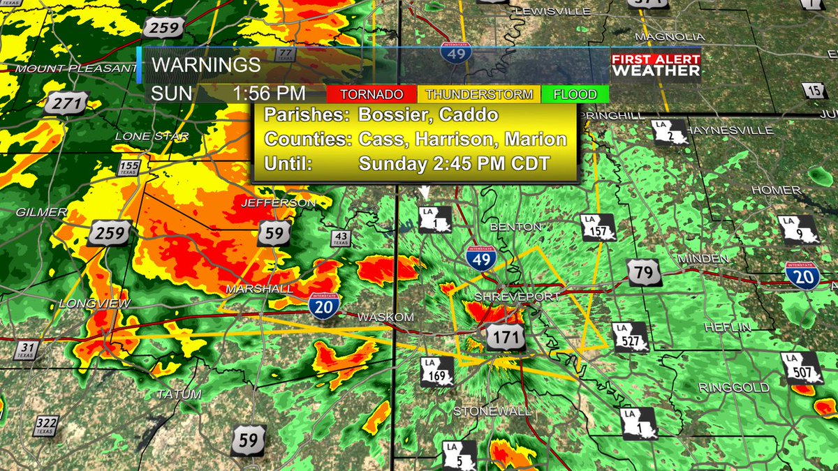 A Severe Thunderstorm Warning has been issued for Caddo, Bossier, Harrison, Cass, Marion until Jul 16, 2023 2:45PM. Seek shelter indoors until the storm has passed. Look for weather updates on-air, at KSLA.com or on the KSLA Weather app!