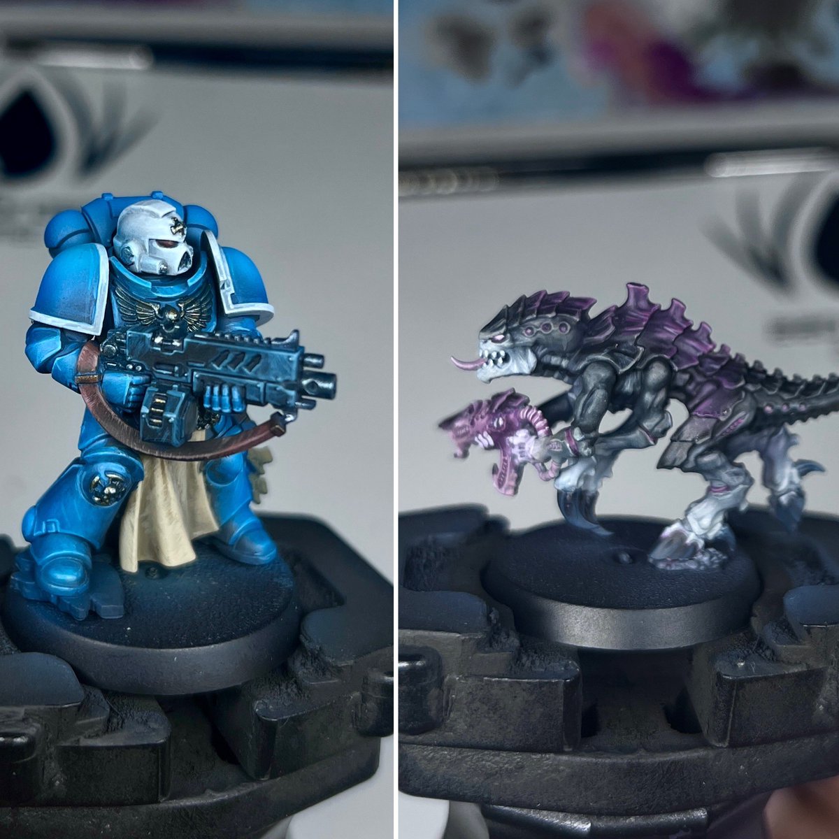 Mattpaint13's tweet photo. So the colours have been set! 

Ultramarines vs hive fleet?? Need to come up with a name! 

#warhammer40k #WarhammerCommunity #paintingminiatures #PaintingWarhammer https://t.co/sVaq8CgxRY