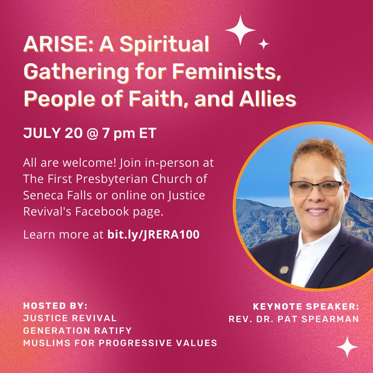 Join us 7/20 at 7 pm ET for an interfaith spiritual gathering marking the 100 year anniversary of the Equal Rights Amendment!

We’ll reflect, build community, nurture our spirits, and recommit to the cause of equality for all.

Details: bit.ly/JRERA100 #Faith4ERA #ERANow