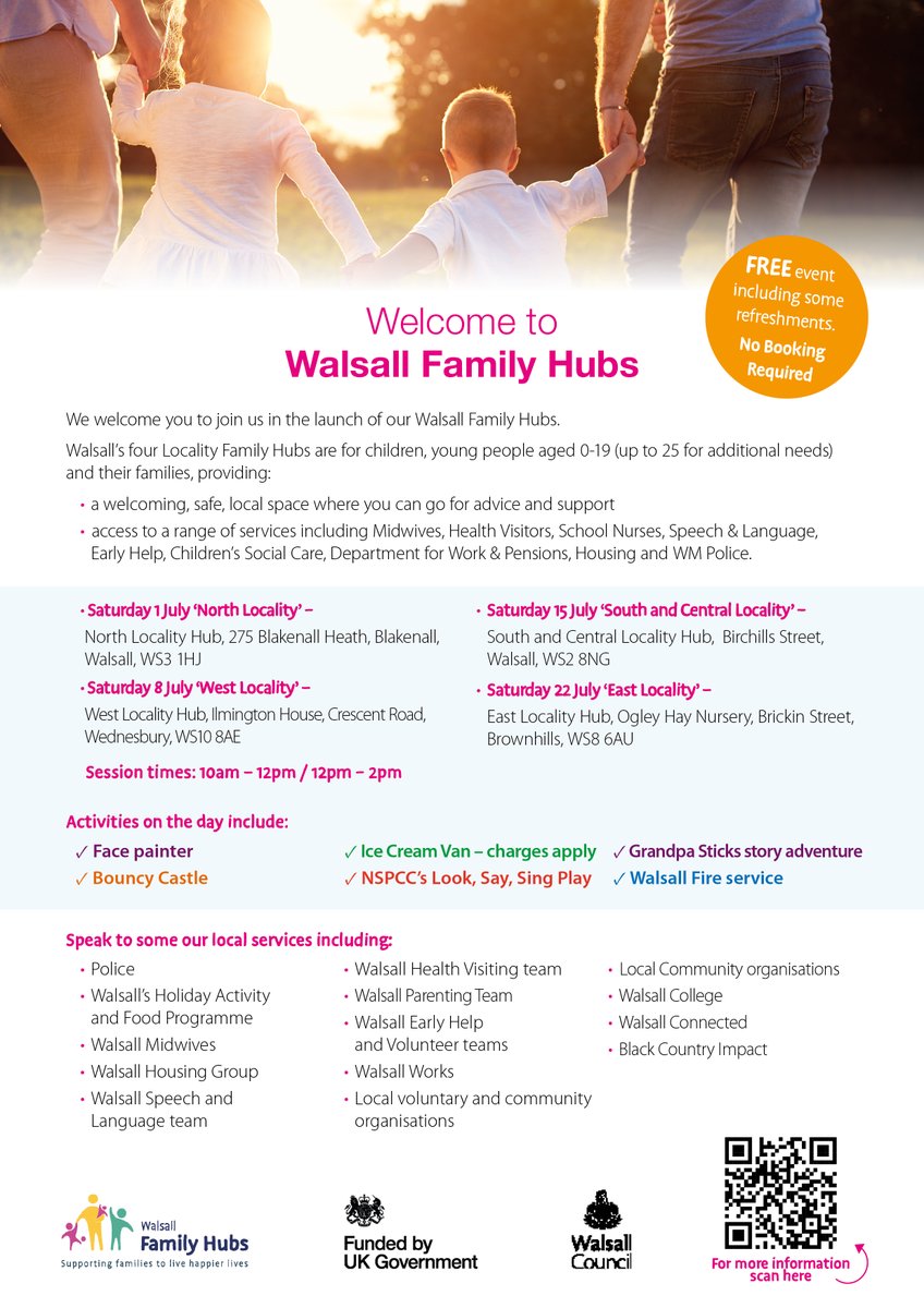 🎉You’re invited for the launch of our 4th  #FamilyHub #Walsall 

Join us this Sat  22nd Jul, Ogley Hay Nursery, Brickiln Street, Brownhills, WS8 6AU at  for the FREE launch event.  
 bit.ly/3pbf5of