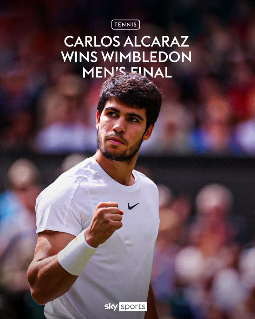 BackshoreL's tweet photo. The Spanish sensation has done it 🇪🇸
Carlos Alcaraz triumphs over Novak Djokovic, 1-6, 7-6(6), 6-1, 3-6, 6-4 in an all-time classic 
#carlos #carlosalcaraz #djokovic #wimbeldon #novakdjokovic #carlosalcaraz #Alcaraz #AlcarazDjokovic https://t.co/6ajzM4k5Mm