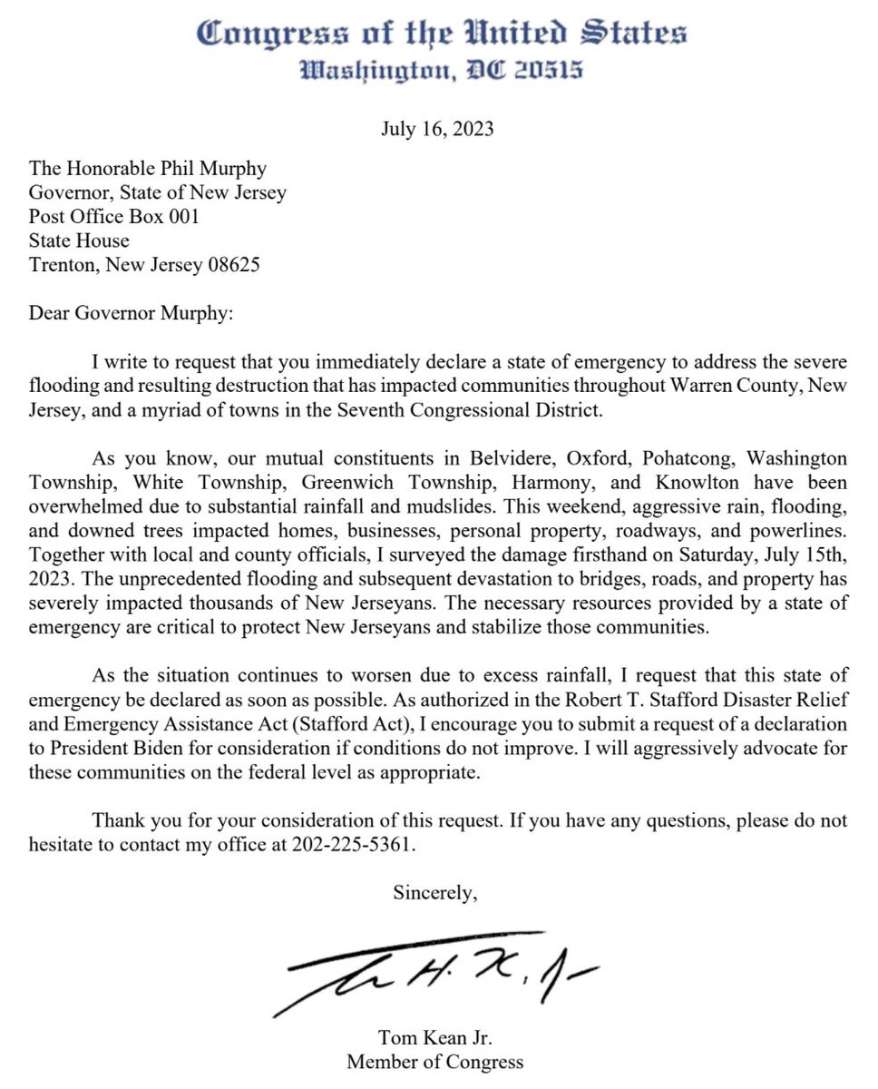 Today I sent a letter to <a href="/GovMurphy/">Governor Phil Murphy</a> urging the immediate declaration of a state of emergency to address the severe flooding and resulting destruction that has impacted communities throughout Warren County.