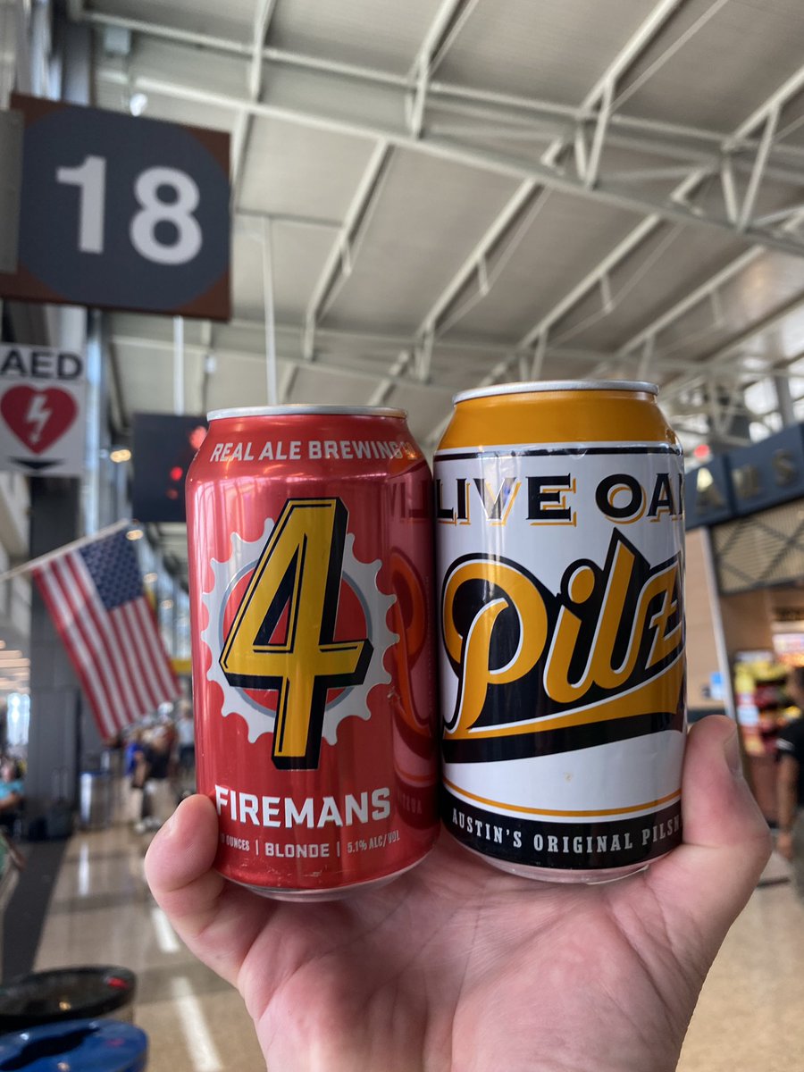 At ABIA. Cooler was out so all the cans of independent craft were room temp. Still drinking that over cold faux craft or macro beer. <a href="/RealAleBrewing/">Real Ale Brewing Co.</a> <a href="/LiveOakBrewing/">Live Oak Brewing Co.</a>