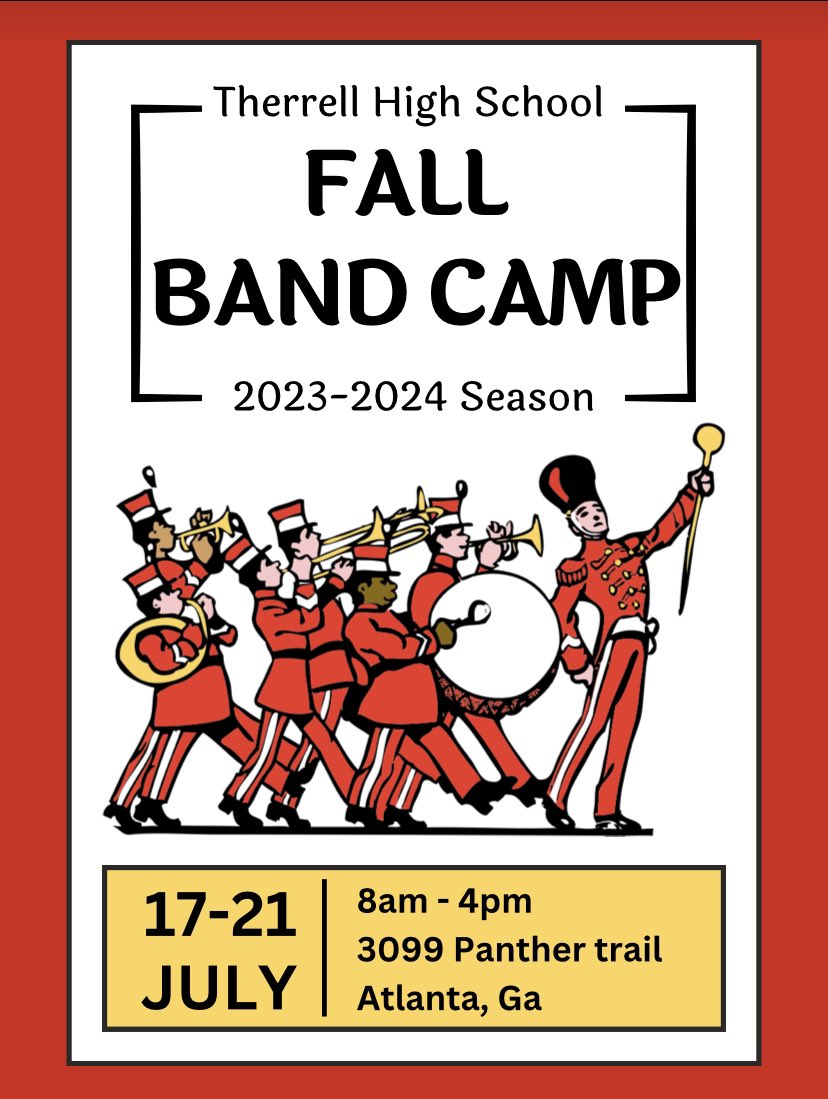 Come one come all!!! 

Band camp for all interested Therrell high students begins TOMORROW @ 8:00am! 

Don’t be late !