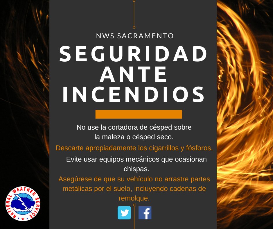 NWSSacramento's tweet photo. It's always important to obey fire safety tips like these!

🌾Don't use a lawn mower on weeds/dry grass
🚭Properly dispose of cigarettes &amp; matches
💥Avoid creating sparks
⛓️Make sure car parts &amp; chains don't drag
🚙Don't park or drive your car over dry grass/vegetation

#CAwx https://t.co/bb0sWPb8xX