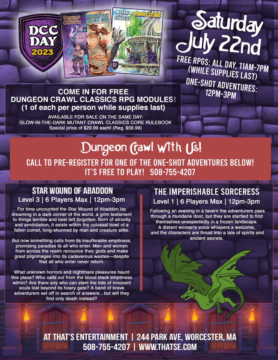 ThatsE's tweet photo. Join us for Dungeon Crawl Classics Day (DCC) on Saturday, July 22nd! We will be giving away DCC modules while supplies last! Also, call to pre-register to play in a one-shot adventure! Store open 11am to 7pm! https://t.co/0fGG1nSt4w