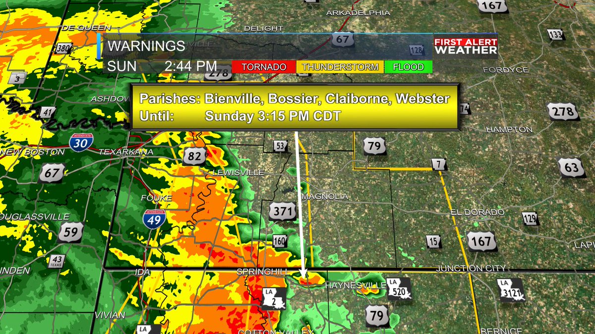 A Severe Thunderstorm Warning has been issued for Columbia, Hempstead, Lafayette, Nevada, Union, Howard until Jul 16, 2023 3:45PM. Seek shelter indoors until the storm has passed. Look for weather updates on-air, at KSLA.com or on the KSLA Weather app!