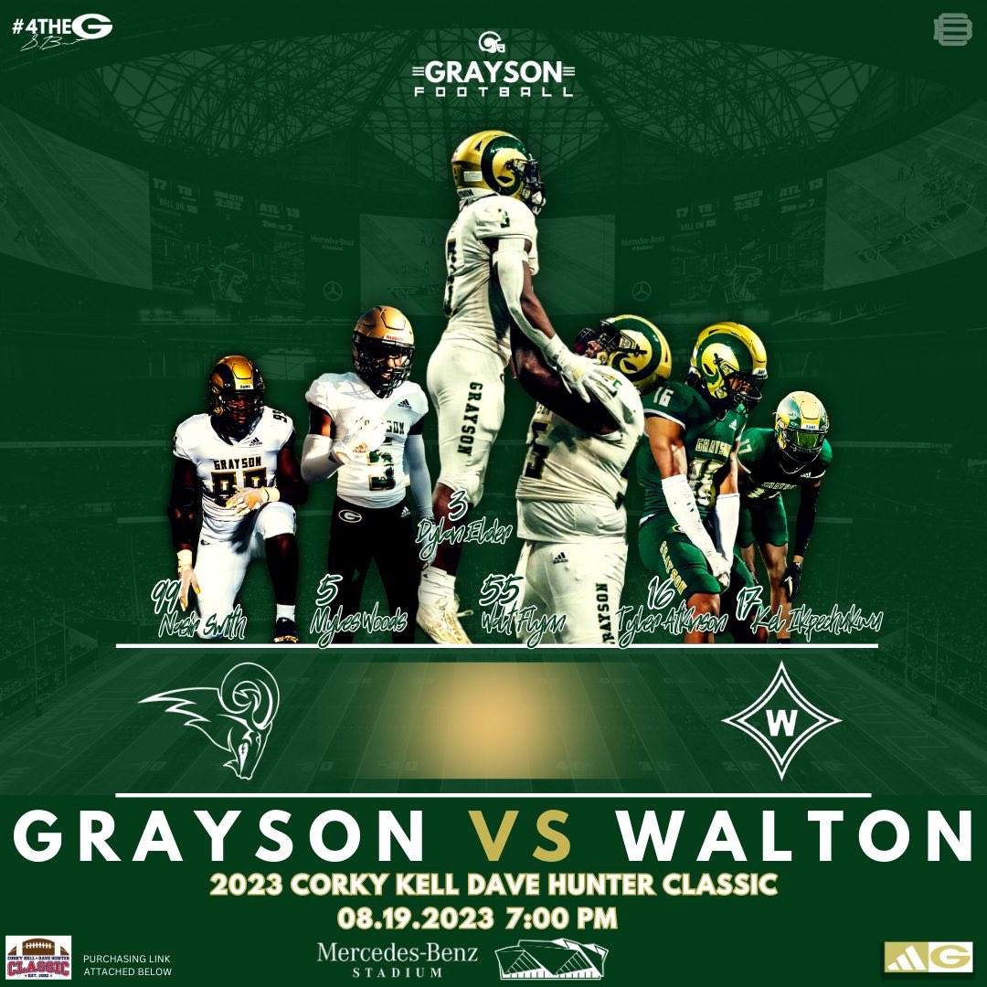 Ram Nation, it’s almost time to paint Mercedes Benz Stadium 🔰🔰🔰! We need all Grayson supporters in the building! Go ahead and purchase your tickets in advance! #4theG 🗓️: 8/19 ⌚️: 7 p.m. 🏟️:Mercedes Benz Stadium 🎟️: am.ticketmaster.com/mbs/corkykell2…