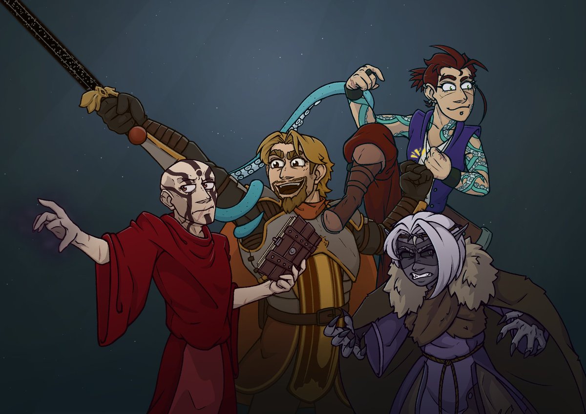 DrinkerOfPaint's tweet photo. Drew the party for my DM's birthday!

He asked once if he could get a print of one of my character drawings so I thought I'd do him one special 

#DnD #dungeonsanddragons #dndart #oc #originalcharacter https://t.co/ii5Hc2nhYe
