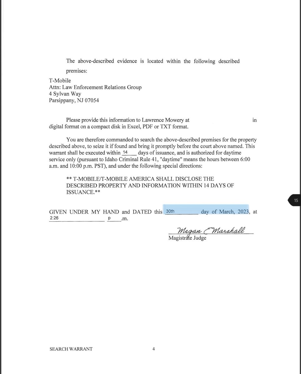 SleuthieGoosie's tweet photo. T-Mobile warrant for Kaylee Goncalves’ phone number &amp; another unknown T-Mobile phone number ending in 4782 for the time period of 6/23/2022 through 8/1/2022. 

#BryanKohberger https://t.co/5esUXHoimQ