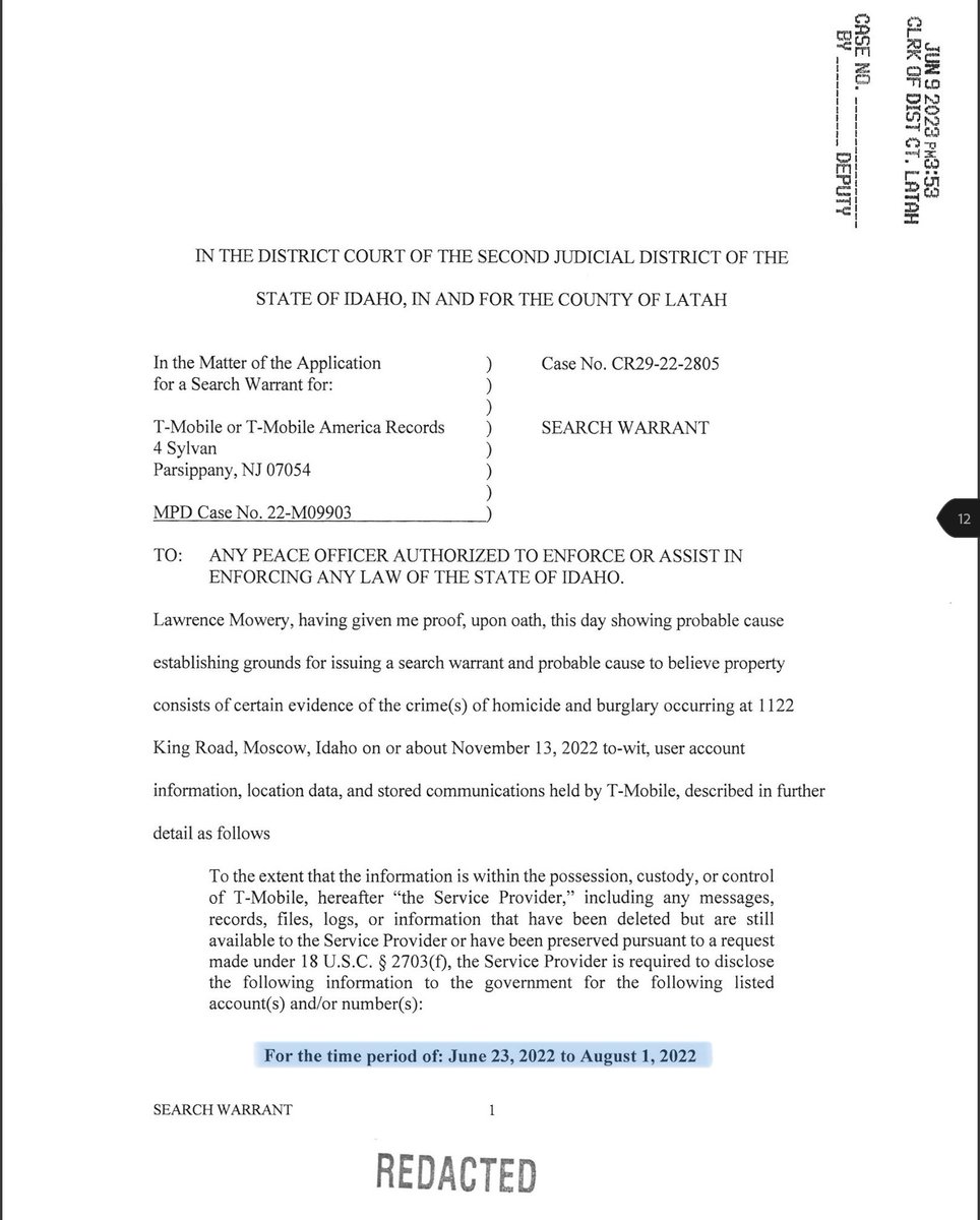 SleuthieGoosie's tweet photo. T-Mobile warrant for Kaylee Goncalves’ phone number &amp; another unknown T-Mobile phone number ending in 4782 for the time period of 6/23/2022 through 8/1/2022. 

#BryanKohberger https://t.co/5esUXHoimQ