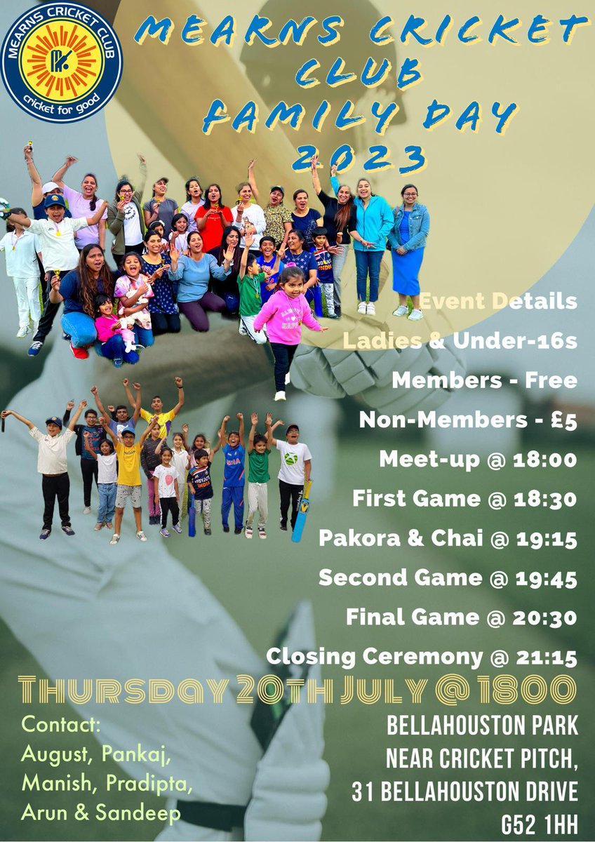 MearnsCricket's tweet photo. Family Fun Cricket is back! Join us on Thursday, July 20th at Bellahouston Park from 6 pm onward for an evening of cricket and fun. Ladies and under-16s are welcome to participate. Please register here.https://t.co/b1sQ6RzL5j https://t.co/cNb1LyPcQU