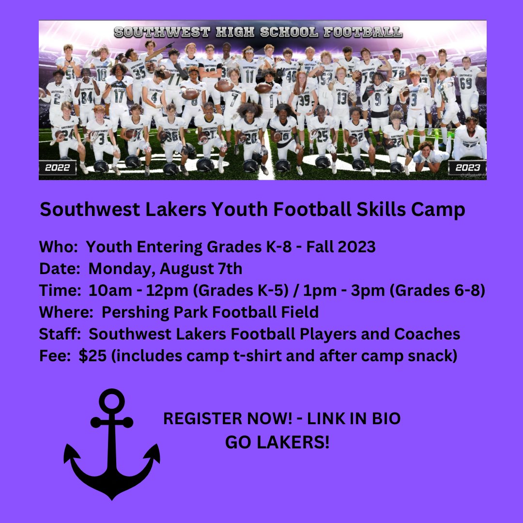 Registration for the Southwest High School Youth Football Skills Camp 🏈 is still open! Come have some fun and play football with the SW Lakers football players and coaches!
(click the link below to register) ⚓️
forms.gle/B4T9GGSQmNLYjo…