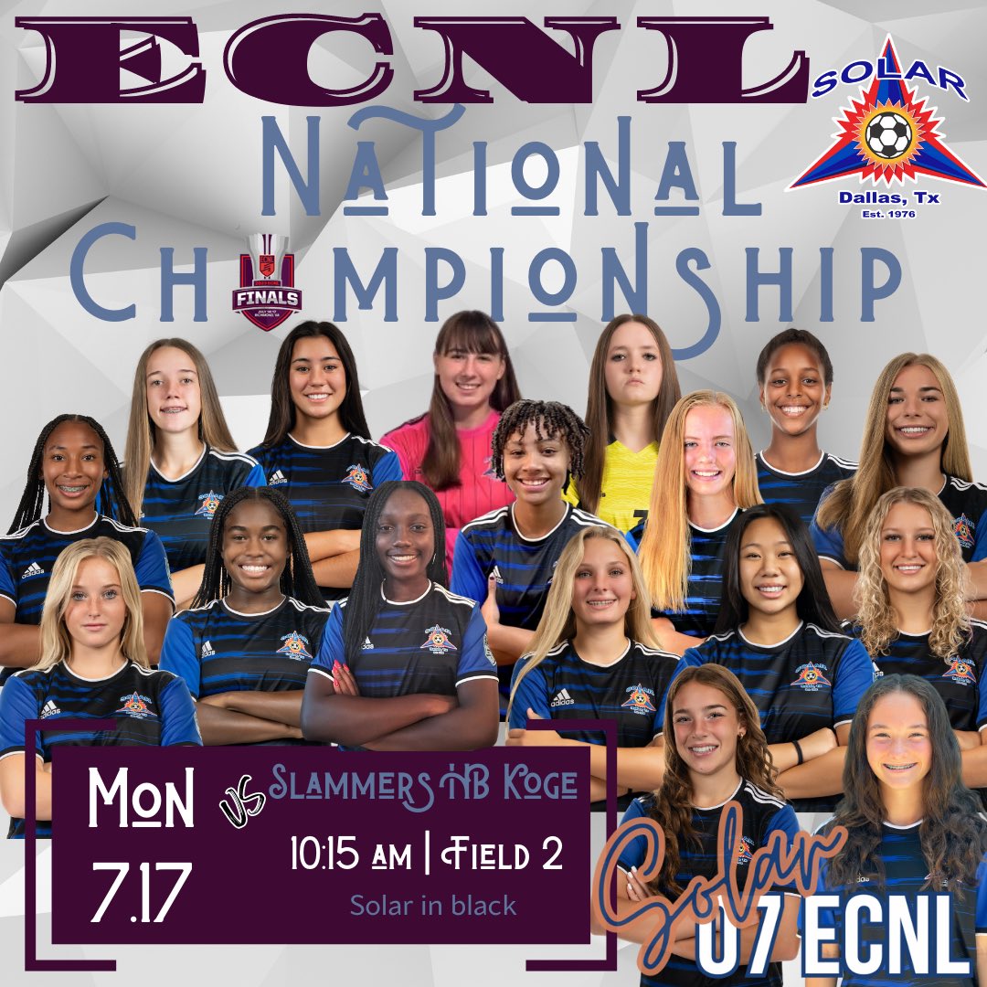 One more to go…<a href="/ECNLgirls/">ECNL Girls</a> National Championship tomorrow‼️

<a href="/TopDrawerSoccer/">TopDrawerSoccer</a> <a href="/PrepSoccer/">Prep Soccer ⚽️</a> <a href="/TheSoccerWire/">SoccerWire</a> <a href="/ImYouthSoccer/">ECNL/GA/Recruiting/College Soccer</a> <a href="/ImCollegeSoccer/">College Soccer Truth ™</a> <a href="/SolarSoccerClub/">Solar Soccer Club</a>