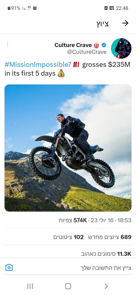 הישג מרשים בקופות בארה"ב לסרט משימה בלתי אפשרית 7, תוך 5 ימים הסרט הרוויח 235 מיליון דולר. סוף סוף חדשות מעולות לתעשיית הקולנוע שעוברת ימים לא קלים בעקבות השביתה בהוליווד. <a href="/whatevergever/">ישי קיצ'לס</a>