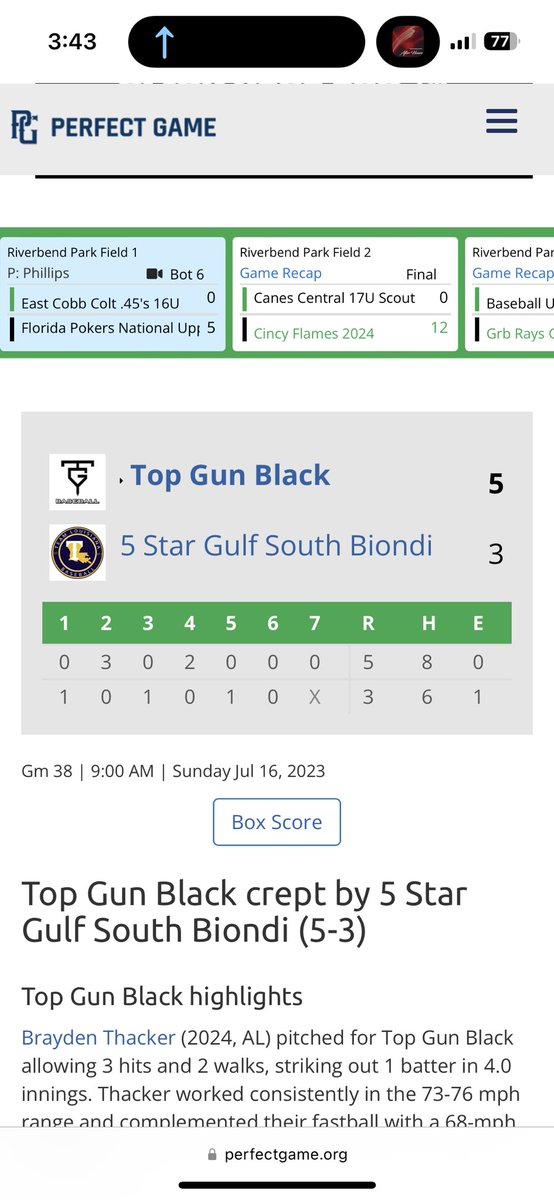 Huge win for Top Gun 17u Black in the <a href="/PerfectGameUSA/">Perfect Game USA</a> WWBA to start 1-0. 5-3 victory led by Brayden Thacker 4IP/3H/1R and Grayson Stroble and <a href="/easton_kleyn/">Easton Kleyn</a> with 2 hits apiece. Back in action tomorrow.  #TopGunFamily #ThankGod