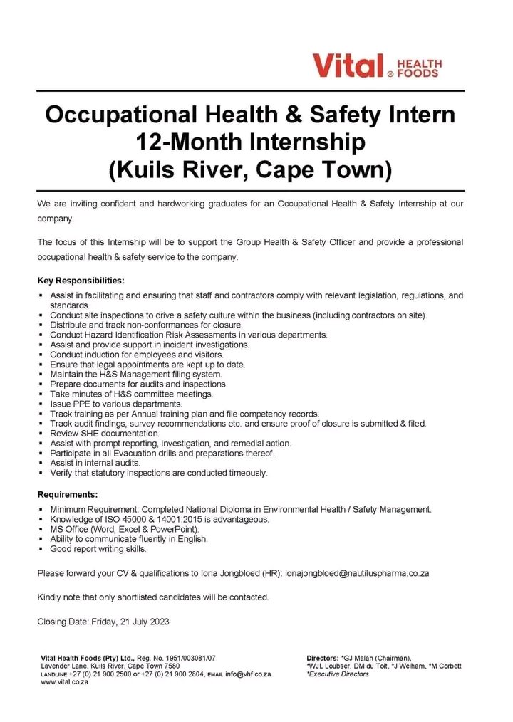 Carol B. Mashudu 🇿🇦 on Twitter "Internships Opportunities 📌 Occupational Health and Safety