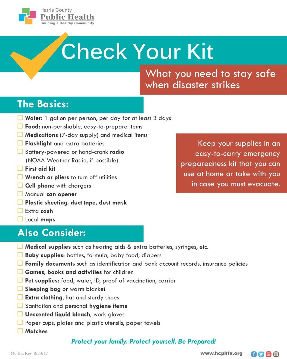 hcphtx's tweet image. What to have in your emergency kit? Non-perishable foods, water, medications, and first aid kits are important. We are still in the midst of a #pandemic so add #disinfectant supplies and masks/face covers to the kit!