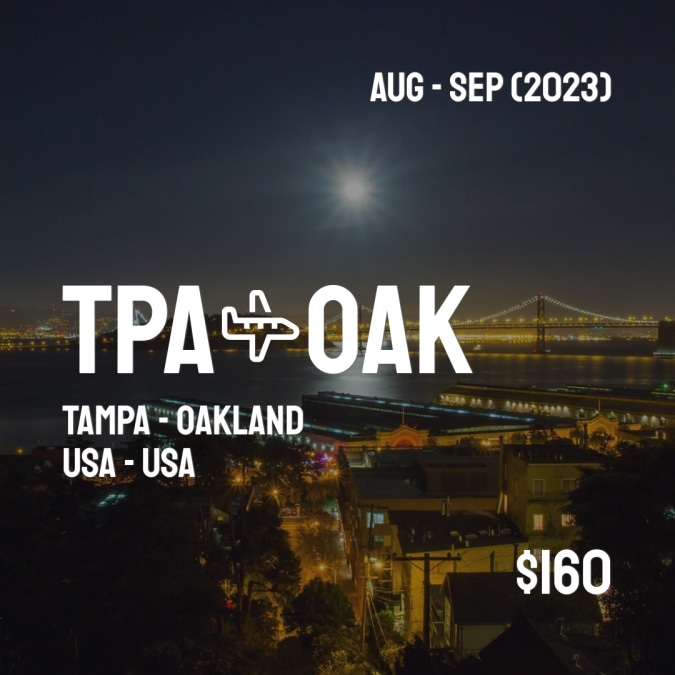TPACheapDeals's tweet photo. ✈️ Tampa (TPA) to Oakland (OAK) for only $160 (USD) roundtrip 💸
10 live dates on Adventure Machine. - get the app on iOS or Android #tampa #tampanails #tampabay #tampan #tampahairstylist #tampaflorida #tampaphotographer #tampaksiring https://t.co/Y528lsh1jO
