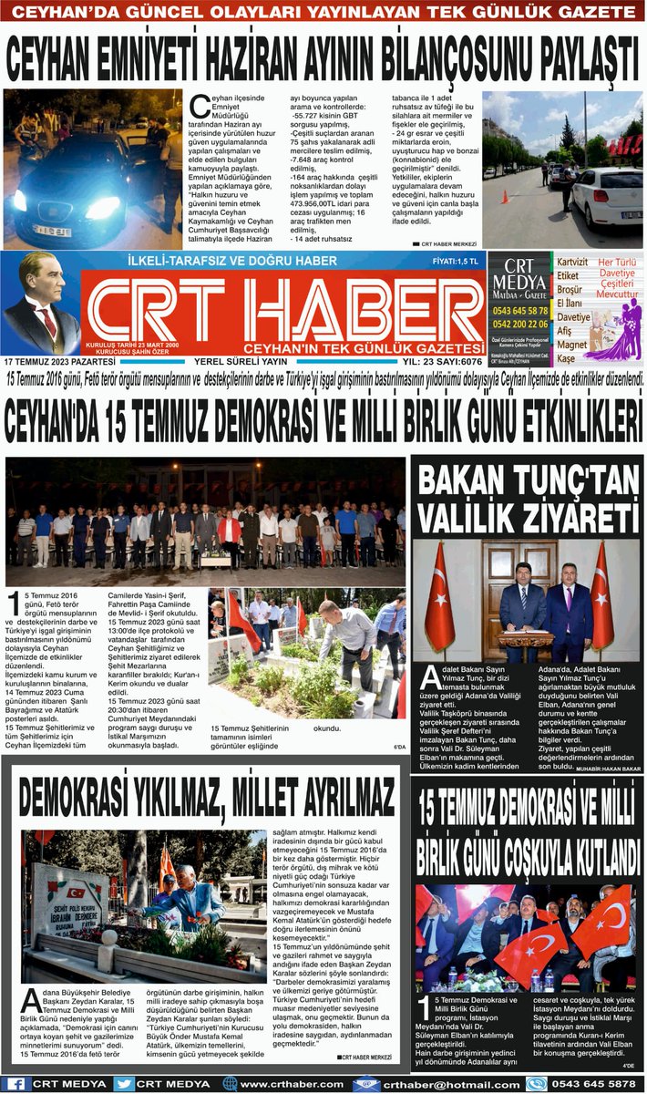 CRTNEWS's tweet photo. 17 TEMMUZ 2023 PAZARTESİ
CRT HABER GAZETESİ 1-2-3.Sayfa https://t.co/1p3MJFzTCj
