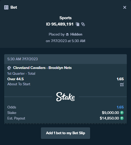 ALERT: New high roller bet posted!
A bet has been placed for $9,000.00 on Cleveland Cavaliers - Brooklyn Nets to win $14,850.00.
To view this bet or copy it https://t.co/Qf3ukuWGV0 https://t.co/Ujn1vK6yGd