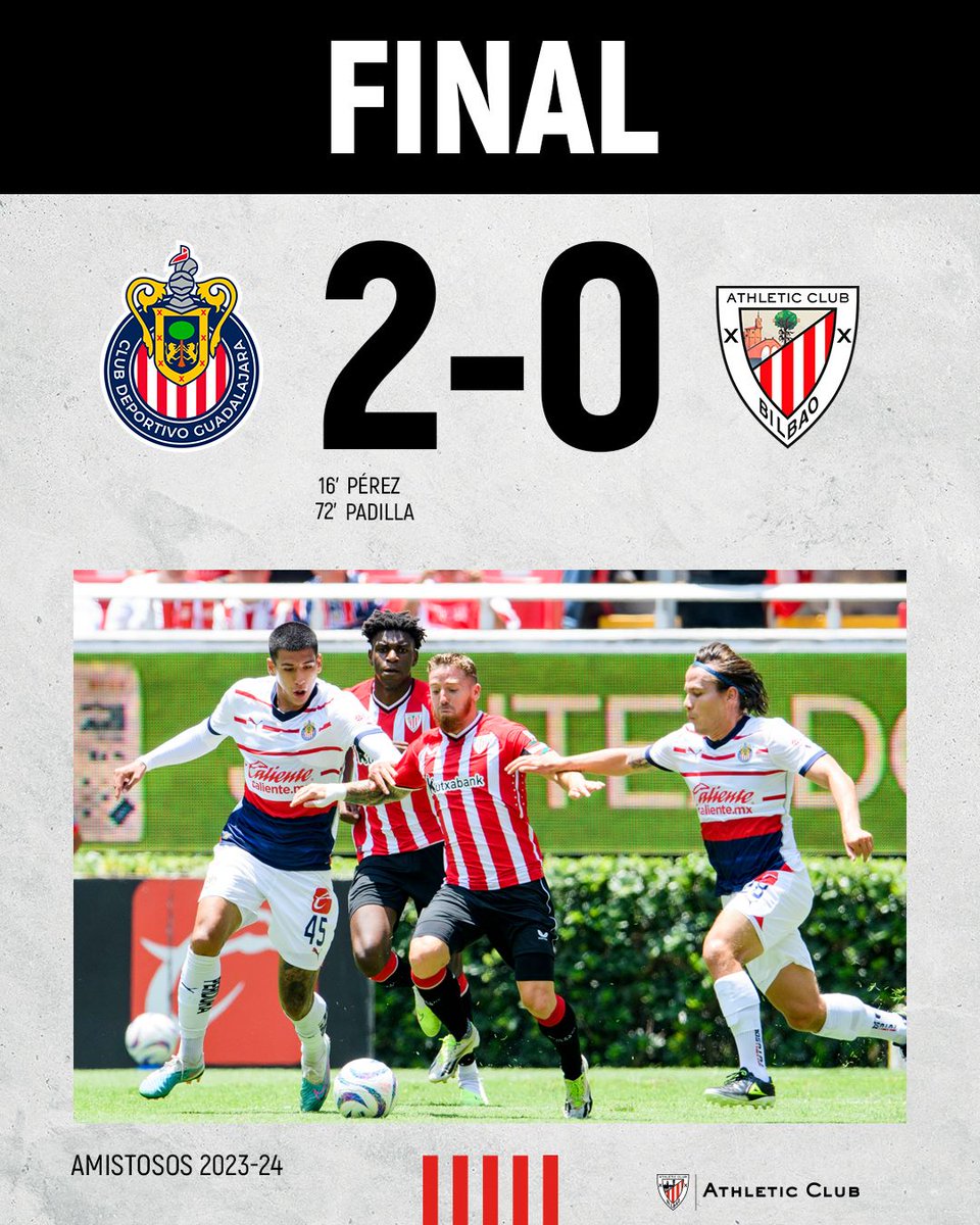 AthleticClub's tweet photo. 𝗙𝗜𝗡𝗔𝗟

El Trofeo Árbol de Gernika se queda en Guadalajara después de perder frente a las @chivas 4-2 en la tanda de penaltis.

🔴 Toda una fiesta del sentido de pertenencia y de la identidad ⚪ 

Zorionak, ChivaHermanos!

#ChivasAthletic #AthleticClub 🦁 https://t.co/1CEzJ6qxHx