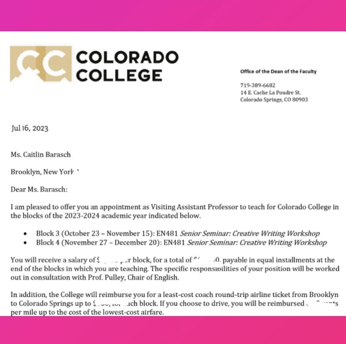 CaitlinBarasch's tweet photo. I’m so thrilled to be heading back to @ColoradoCollege—my beloved alma mater—as a Visiting Assistant Professor to teach a Senior Seminar Fiction Workshop! This is a pinch-me moment, a dream come true. 🏔️ https://t.co/t3G3RRlMae
