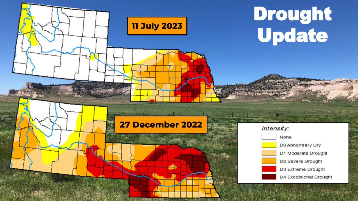 NWSCheyenne's tweet photo. Officially drought free! For the first time in 3 years, all of the NWS Cheyenne forecast area is free of drought per the US Drought Monitor. 

Plentiful snowfall from last winter, followed by abundant rainfall this spring has lead to dramatic improvements in 2023. 

#wywx #newx https://t.co/R6Kax92UCO