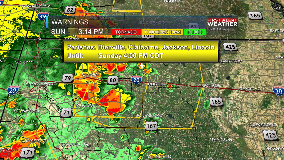 A Severe Thunderstorm Warning has been issued for Lincoln, Ouachita, Union, Bienville, Claiborne, Jackson, Webster until Jul 16, 2023 4:00PM. Seek shelter indoors until the storm has passed. Look for weather updates on-air, at KSLA.com or on the KSLA Weather app!