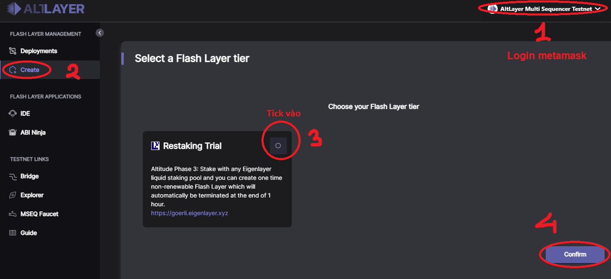 vodkamq's tweet photo. AltLayer Altitude Phase III
Ai k làm được task Restaking Flash Layer thì thử như hình nha
https://t.co/mkRUneHFnD
- Chọn như hình 1
- Chọn Proceed> Làm như hình 2 (&amp; k thay đổi thêm dữ liệu gì)> Creat> Sign Wallet 
- Ra hình 3 'Done' nha
Đợi Claim
https://t.co/YsBsis3RXa https://t.co/gkN7NkJWvu